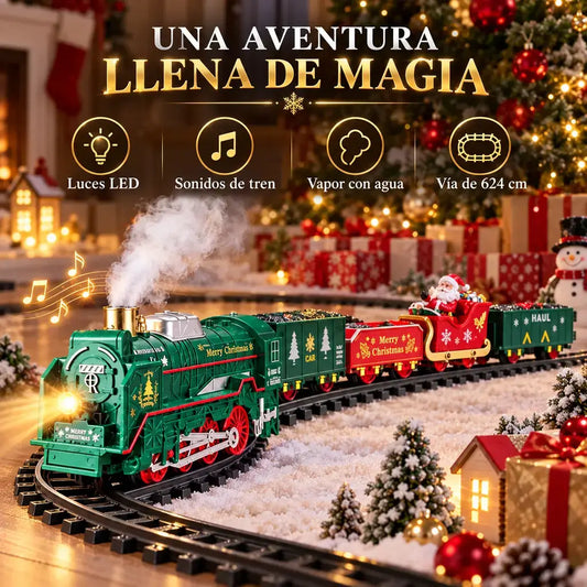 Tren Navideño para Árbol con Lunes LED, Sonido de tren y Vapor con agua | PREMIUM
